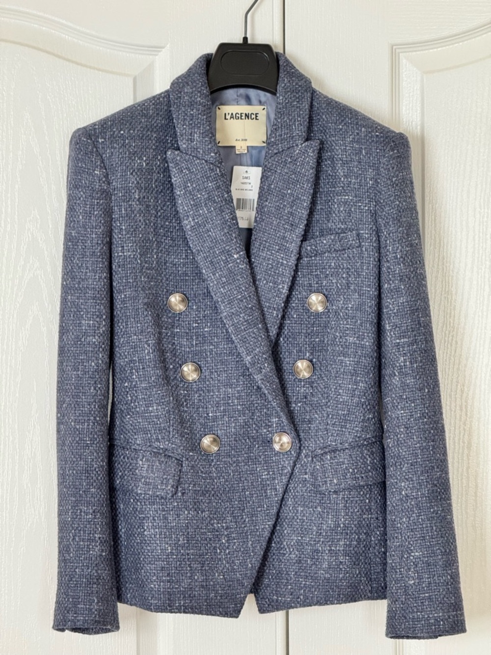 L'AGENCE Wool Blend Tweed Double-Breasted Blazer in Denim Blue - US 2
